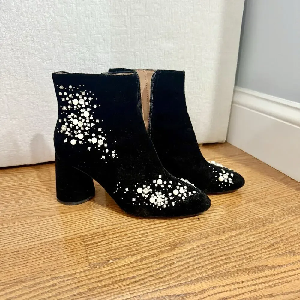 Zara Velvet Embellished Pearl Rhinestone Quiet Luxury Zip Up Ankle Bootie EU 38